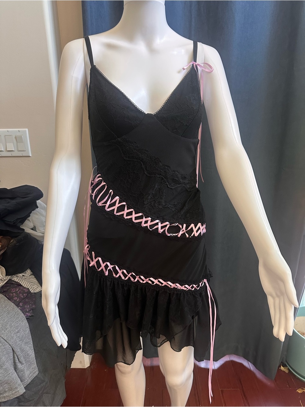 NWT Deadstock Dolls Kill Current Mood Very Demure Mini Dress Black Pink M